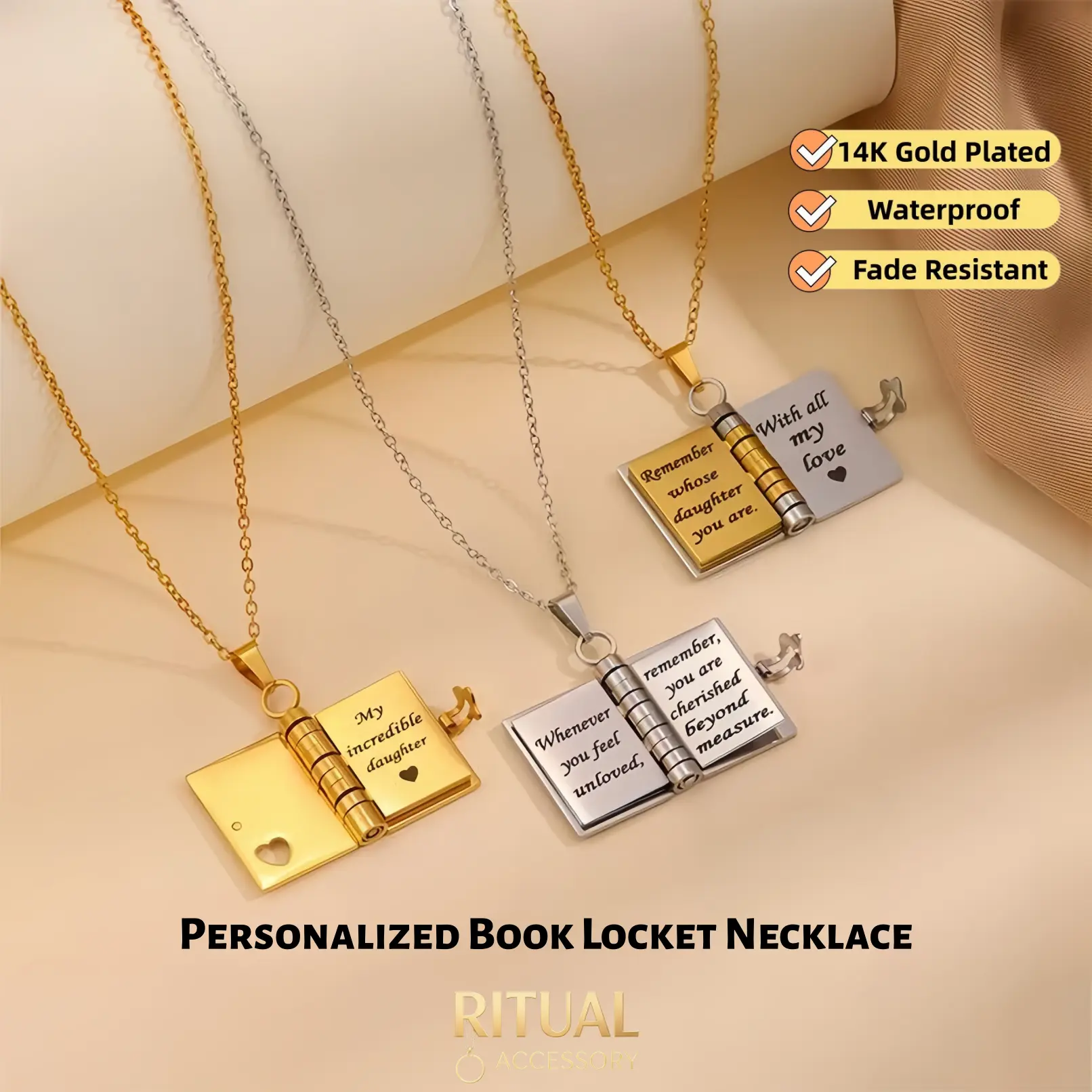 My Little Star Book Locket Necklace for Kids, 14K Gold Plated/Silver/Mixed Tone, Waterproof & Fade Resistant Sentimental Gift for Daughter Son
