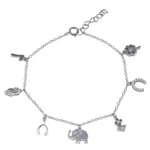 925 Sterling Silver Multi Charm CZ Adjustable Good Luck Bracelet