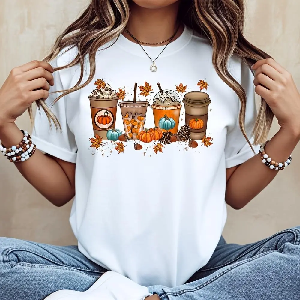 Pumpkin Spice Coffee Cups And Autumn Leaves Print, T-Shirt, Fall Season Halloween Thanksgiving Theme, Casual Daily Wear Outdoor