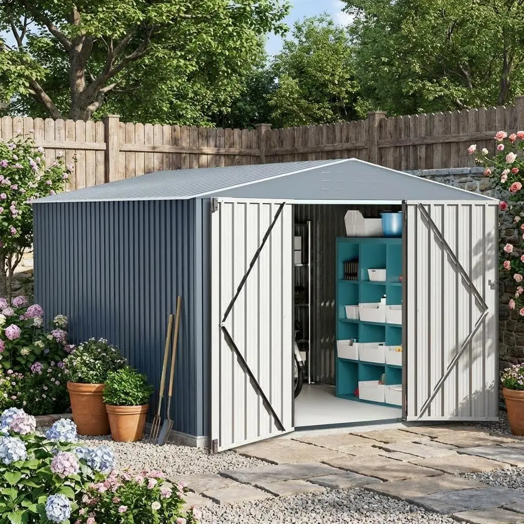 GARVEE Outdoor Metal Storage Shed, 10x12 Ft Galvanized Steel Garden Sheds with Lockable Doors, Extra Large Utility and Tool Storage for Patio Lawn Backyard Outside Use, Grey
