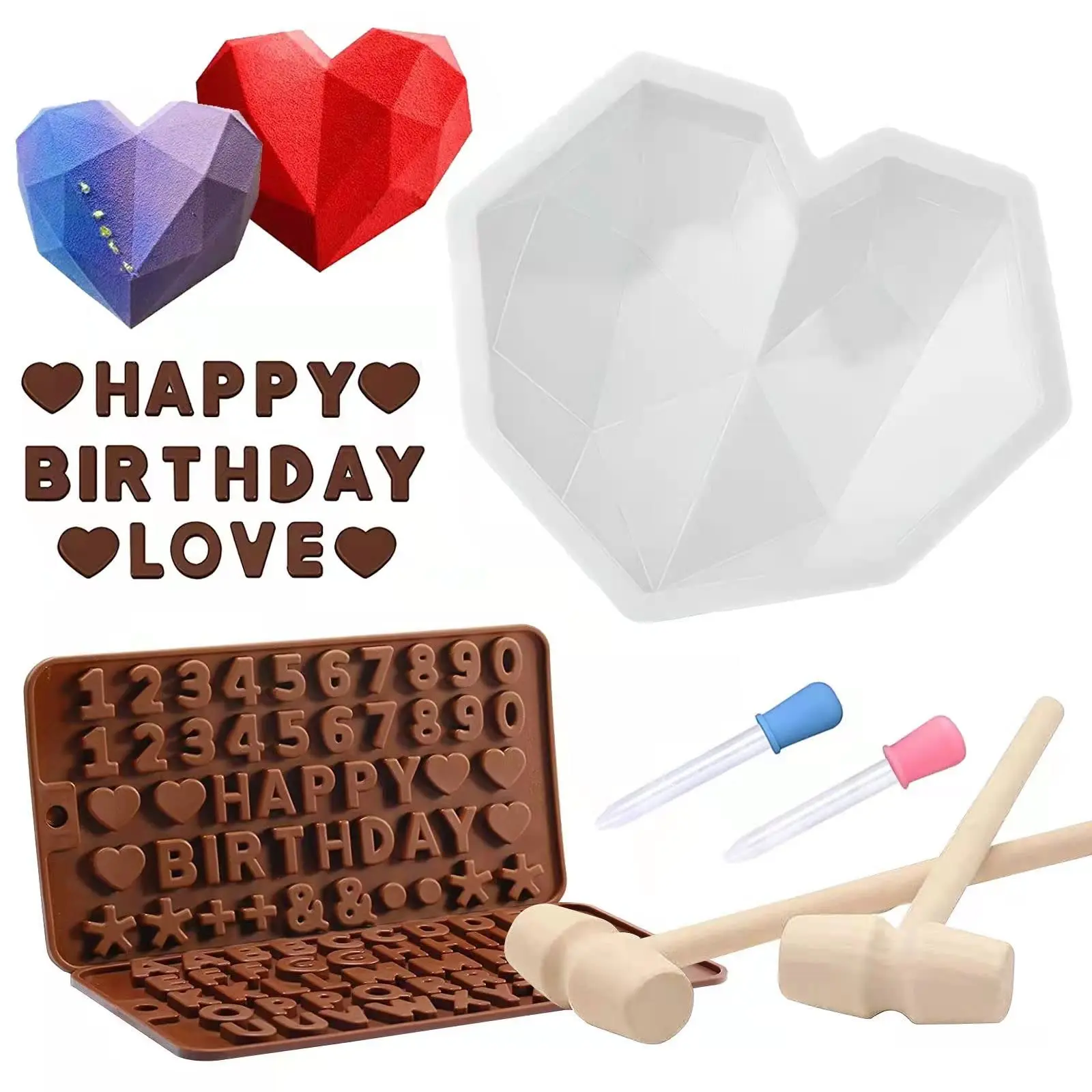 Breakable Heart Chocolate Mold Set, Heart Shaped Silicone Molds with Hammers and Dropper, Alphabet Number Chocolate Molds for Valentine Candy Making Kitchen Baking Tool