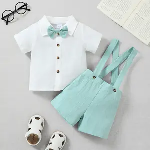 Gentleman Outfit For 3m-3y Toddler Baby Boys Short Sleeve Button Down Bow Tie Shirt & Suspender Shorts 2Pcs Summer Clothes Set Green 42511040