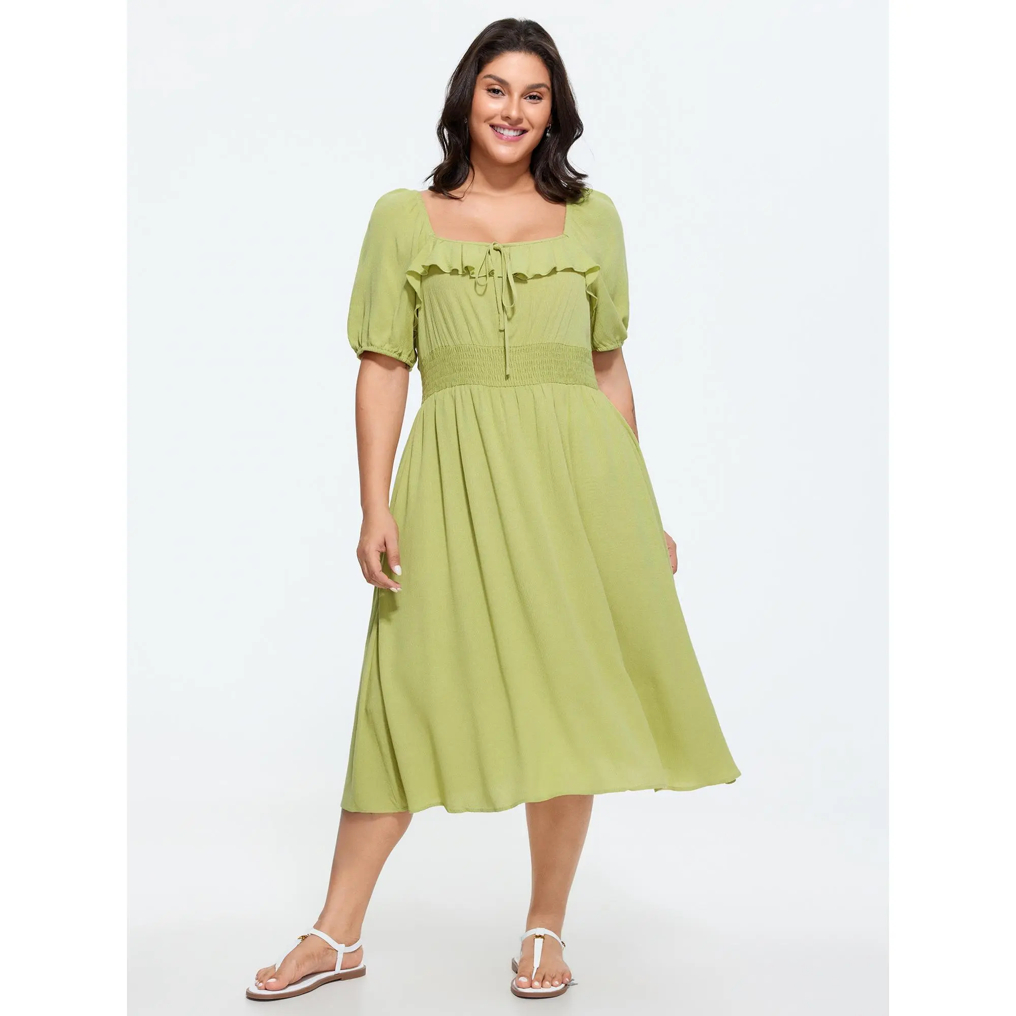 BLOOMCHIC Plus Size Supersoft Shirred Bodice Flowy Midi Dress [M-6X],Summerfinds
