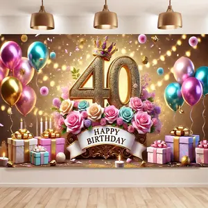2D Flat Happy Birthday Banner Decoration, Golden & Floral Background, Durable Polyester Fabric, Indoor/outdoor Use, 40th Birthday Party