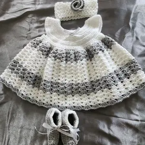 Newborn Crochet Dress Set for Baby Girl - White/Silver Color
