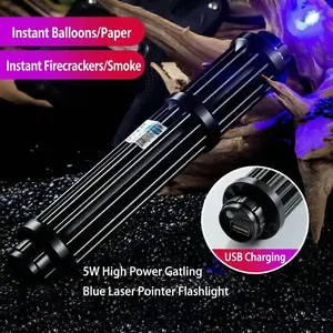 5W High Power Gatling Blue Laser Pointer Flashlight | USB Rechargeable IPX8 Waterproof Burning Laser Torch, 5 Modes Focusable Laser for Camping Hiking Outdoor Hunting, Instant Pop Balloon & Ignite Paper Firecrackers, 2PCS 1800mAh 16340 Battery Included