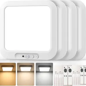 4-Pack Square/round Motion Sensor Ceiling Lights, Remote Control, Rechargeable Battery, Wireless LED, Adjustable Colors, Indoor Use