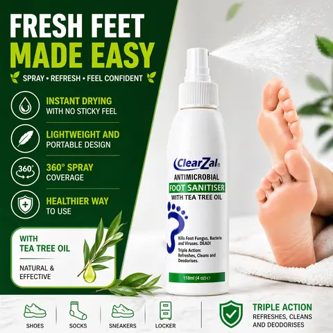 ClearZal Tea Tree Oil Foot Spray for Odor Relief & Hygiene - Quick Drying Feet & Shoe Deodorizer, Infused with Aloe Vera, 4oz Travel-Friendly Mist[Star]