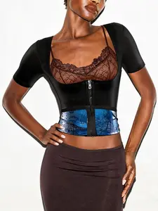 Women Zipper Sauna Sweat Shirt, Waist Trainer Tummy Control, Workout Fitness, Casual Style, All Seasons, Plain Pattern, Gym Top