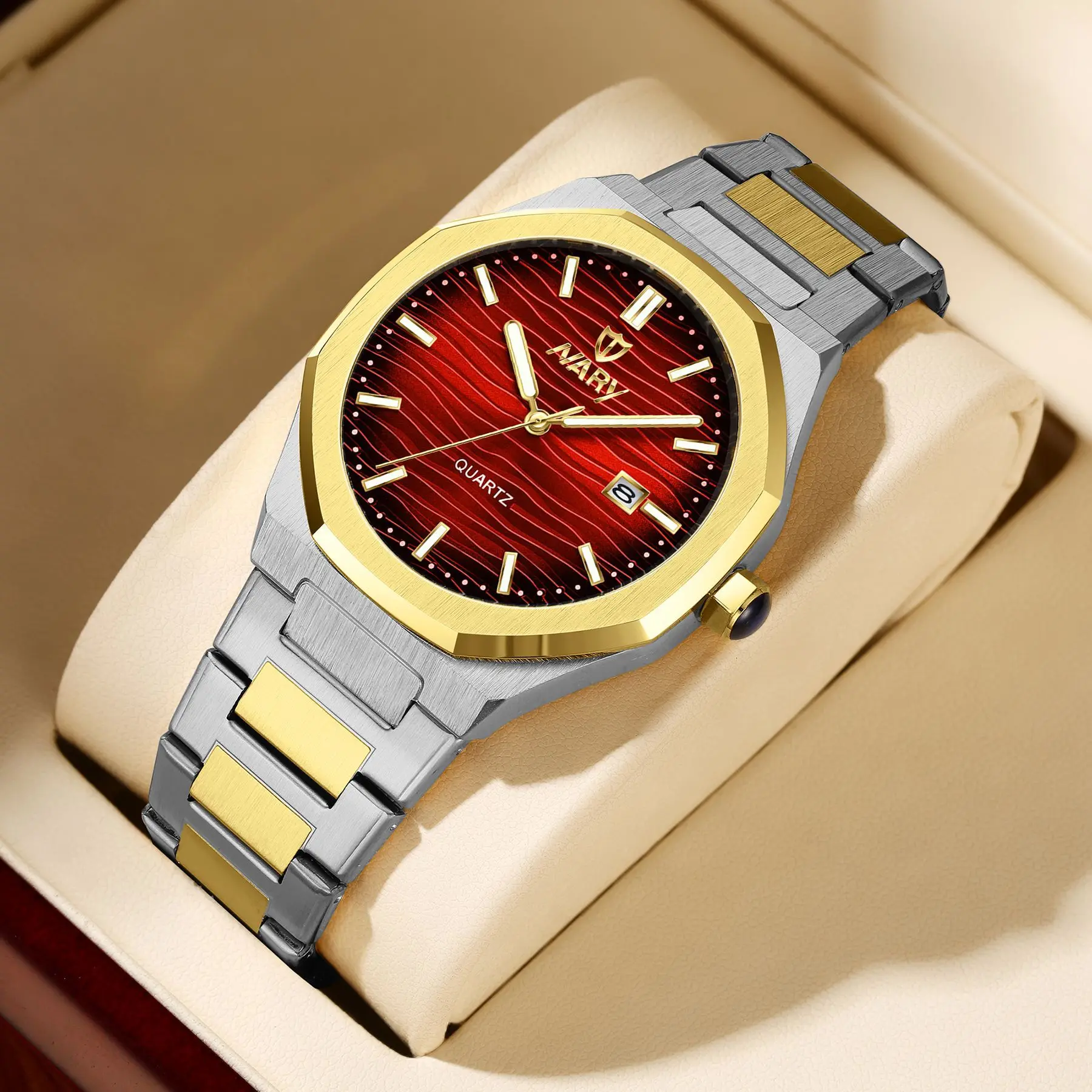 Two-tone case with red dial and steel strap