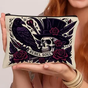 1pc Rebel Skull Raven  Print Cosmetic Bag -  Dark Gothic Tattoo  Lightweight Travel Makeup Organizer, Portable Toiletry Pouch with Zipper Closure, Stylish and Functional Storage Solution, Perfect Gift for Women and Girls