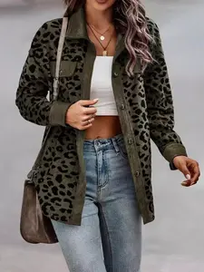 Women's Fashion Leopard Print Button Pockets Long Sleeve Fitted Jacket Coat, Fall Winter Casual Outerwear, Stylish Design