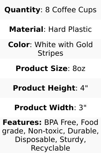 8-Pack Plastic Coffee Mugs 8oz White with Gold Stripes - Disposable Tea Cups with Handle 4"