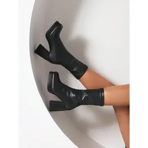 Women's White Elegant Solid Color Elastic Ankle Boots, Square Toe, Chunky Heel, Classic Sock Boots