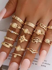 16pcs Gemstone & Rhinestone Decor Ring Set, Dainty Stacking Rings, Stackable Rings, Elegant Jewelry Accessories, Perfect for Parties and Special Occasions, Fashionable and Stylish