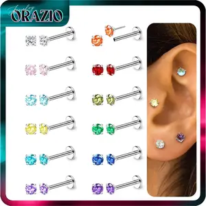 ORAZIO 20G Threadless Flat Back Earring for Women Men Hypoallergenic Surgical Steel Push in Stud Earrings Cartilage Helix Tragus Conch Labret Nostril Piercing Jewelry