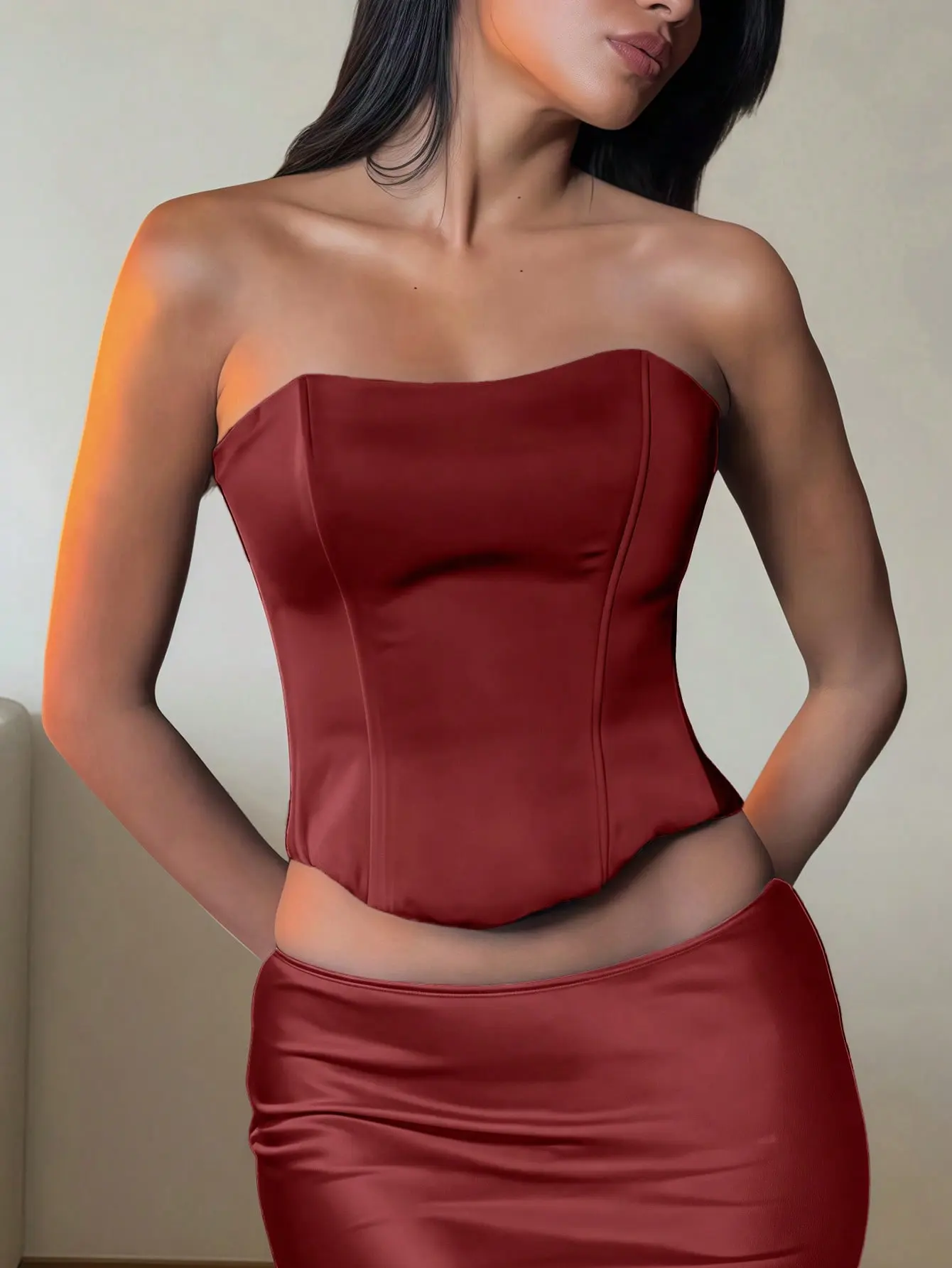 Apperloth Studio Women's Satin Wine Red Strapless Corset Top Square Neck Curved Hem Waist Cincher Slim Fitted Elegant Date Night Wedding Guest Party Bustier