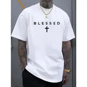 Men'S Casual Crew Neck T-Shirt with Cross & "BLESSED" Letter Print, Regular Fit Short Sleeve Tee for Summer, Comfortable & Versatile Weekend Casual Wear, Everyday Tshirt |         Sleek Black Tee |     Lightweight Fabric