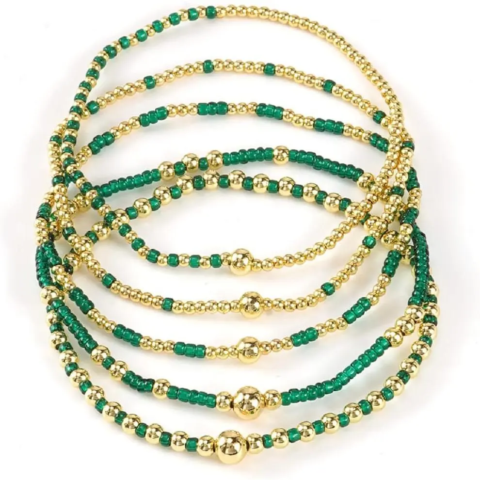 Bracelet Set for Women, Colorful Boho Heishi Beaded Stackable Stretch Jewelry, Ethnic Summer Beach Daily Wear, Light Green, Deep Green
