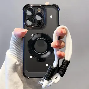 Shockproof Protection Magnetic Bracket Protective Phone Case with Lanyard, Hard Acrylic Back Cover, Phone Accessories Compatible with Smartphone iPhone 16 15 14 13 12 Pro Max, Casing, Shockproof Protector