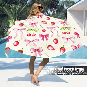 Pink Bow Strawberry Cherry Print Beach Towel, Microfiber Quick Dry Sand Free Oversized Bath Towel, Absorbent Soft Swim Towel for Summer Vacation, Pool, Beach, Holiday, Travel, Gift for Women