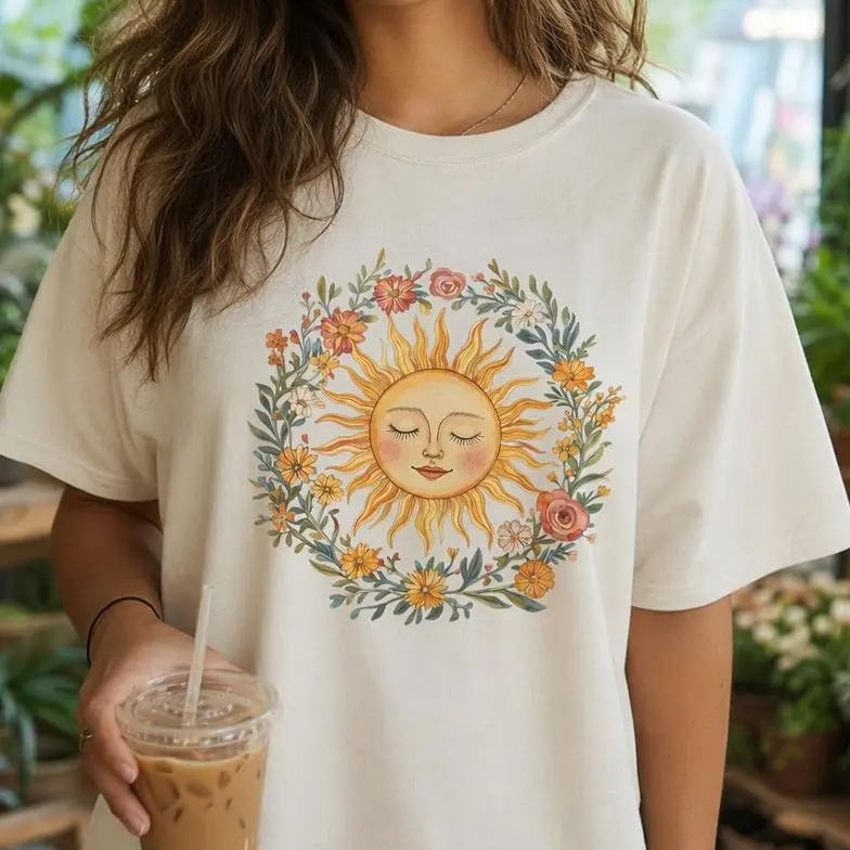 Boho Sun Shirt Women Retro Floral Wreath Graphic Tee Plus Size