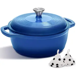 Cast Iron Dutch Roaster with Lid - Enamel Dutch Roaster for Toasting Bread with Cotton Heat Insulation Mat - Heavy Duty Cookware Suitable for All Stovetops, Wedding Registry Gift Idea, Blue