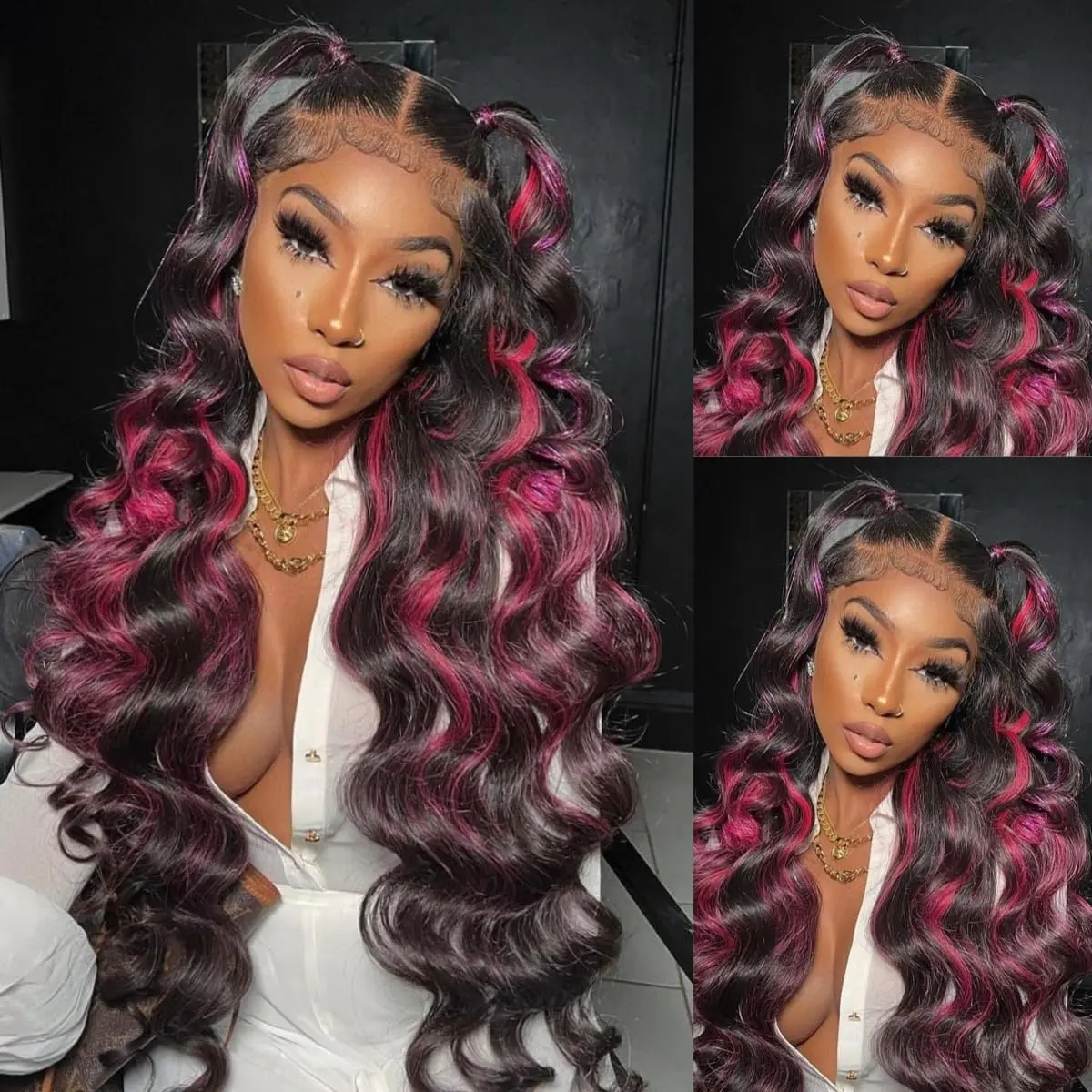 Ombre 13x6 Lace Front Wigs Human Hair Pre Plucked 180% Density Skunk Strip Highlight Wig Human Hair Pink And Black Wig HD Lace Frontal 1B/Pink Colored Wigs