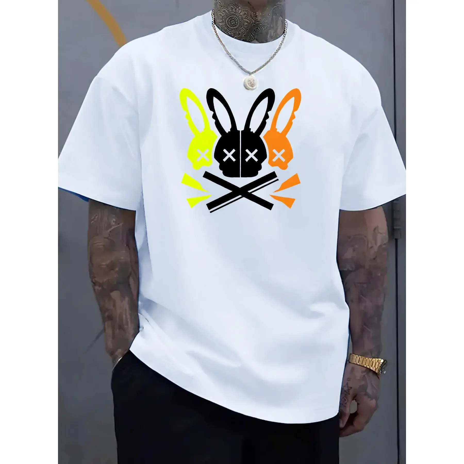 Men's Slim Fit Unique Rabbit Skull Art Print Knit Tshirt - Round Neck, Shortsleeve, Stretch Pure Cotton Menswear Top, Suitable for Outdoor Wear, Large Size (Skull Art Print Men's Short-Sleeve T-Shirts) Knit Menswear Medium Tshirt Streetwear Crewneck