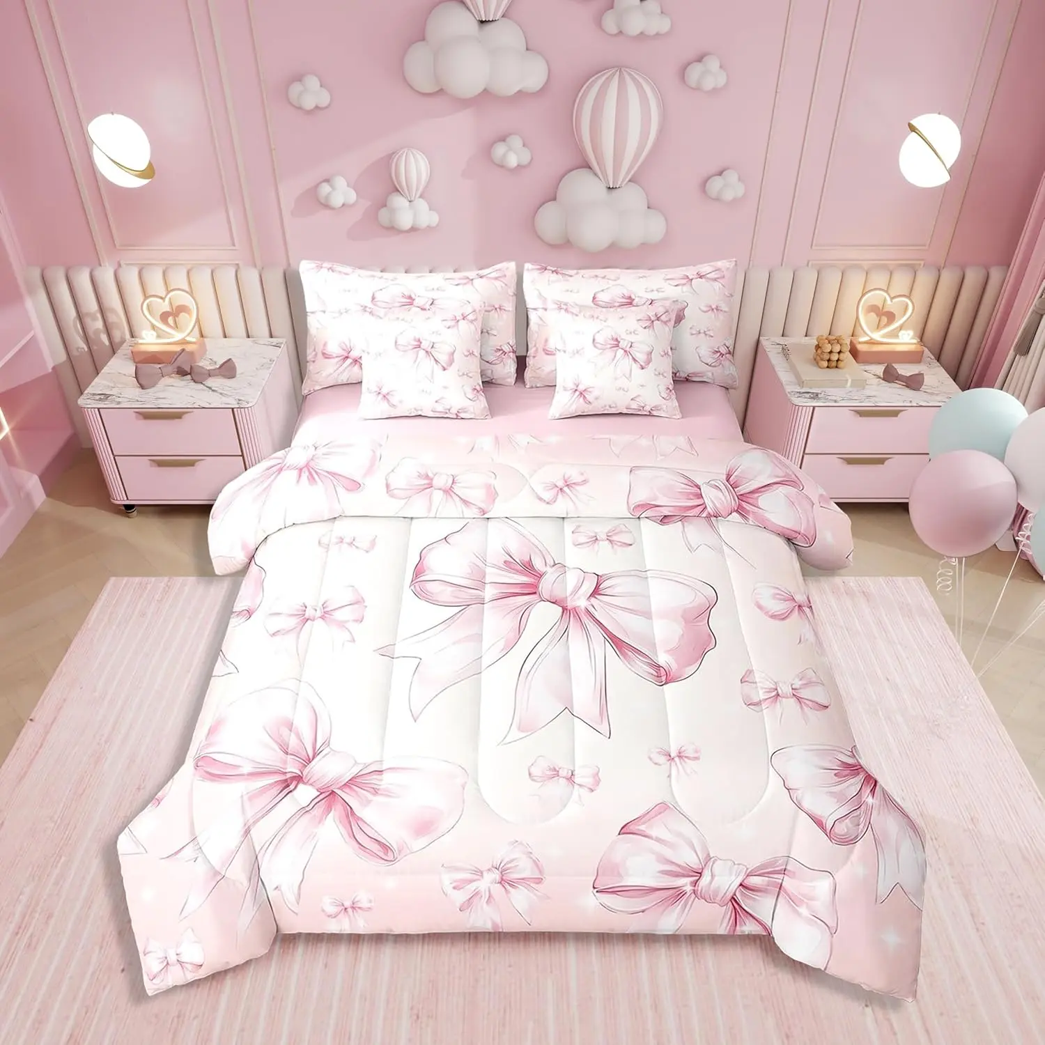 Feelyou Pink Bow 7-Piece Kawaii Bedding Set - Girls' Princess Quilt Bedding Set, Bed-in-A-Bag with Comforter, Bedding Sheets and Soft Bedroom Blanket, Kid Bedding