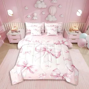 Feelyou Pink Bow 7-Piece Kawaii Bedding Set - Girls' Princess Quilt Bedding Set, Bed-in-A-Bag with Comforter, Bedding Sheets and Soft Bedroom Blanket, Kid Bedding