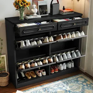 Black Farmhouse Style Wooden Shoe Cabinet with 4 Flip Drawers, 2 Storage Drawers, Classified & Convenient Storage, Traditional Household Furniture with Smooth Finish & Accessories