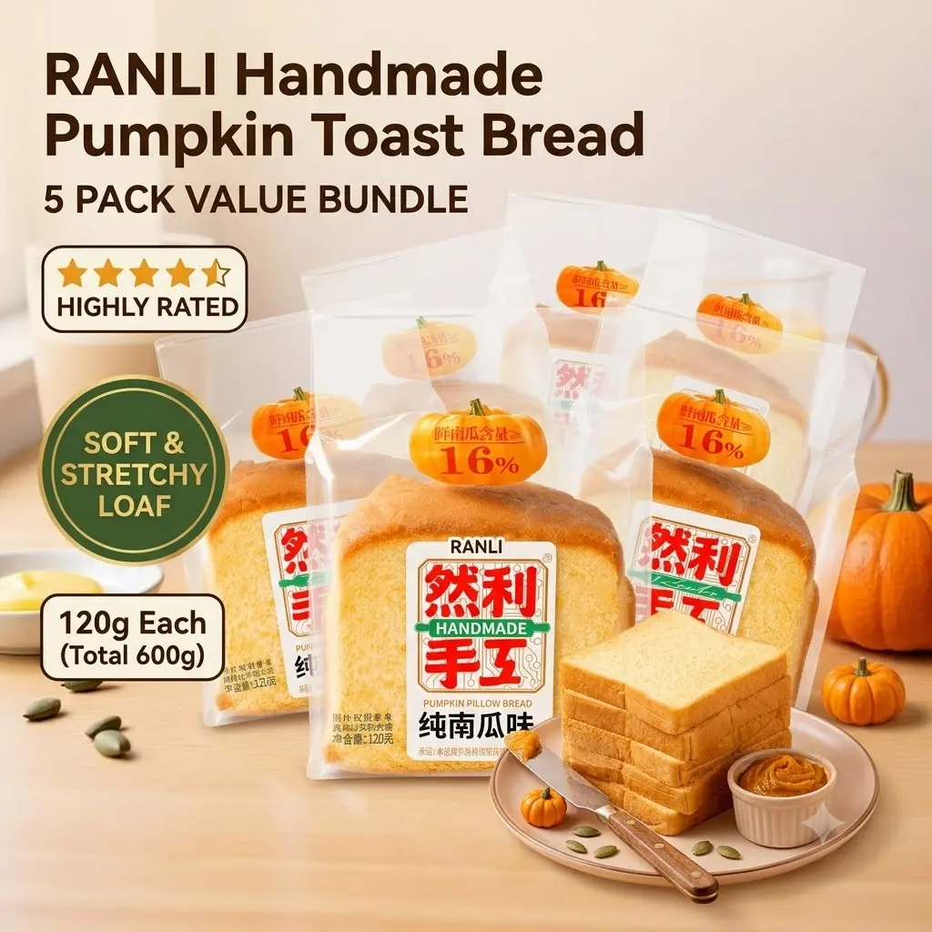 5 Pack Ranli Handmade Pumpkin Toast Bread - Soft & Stretchy Breakfast Loaf, 4.23 oz each - Highly Rated