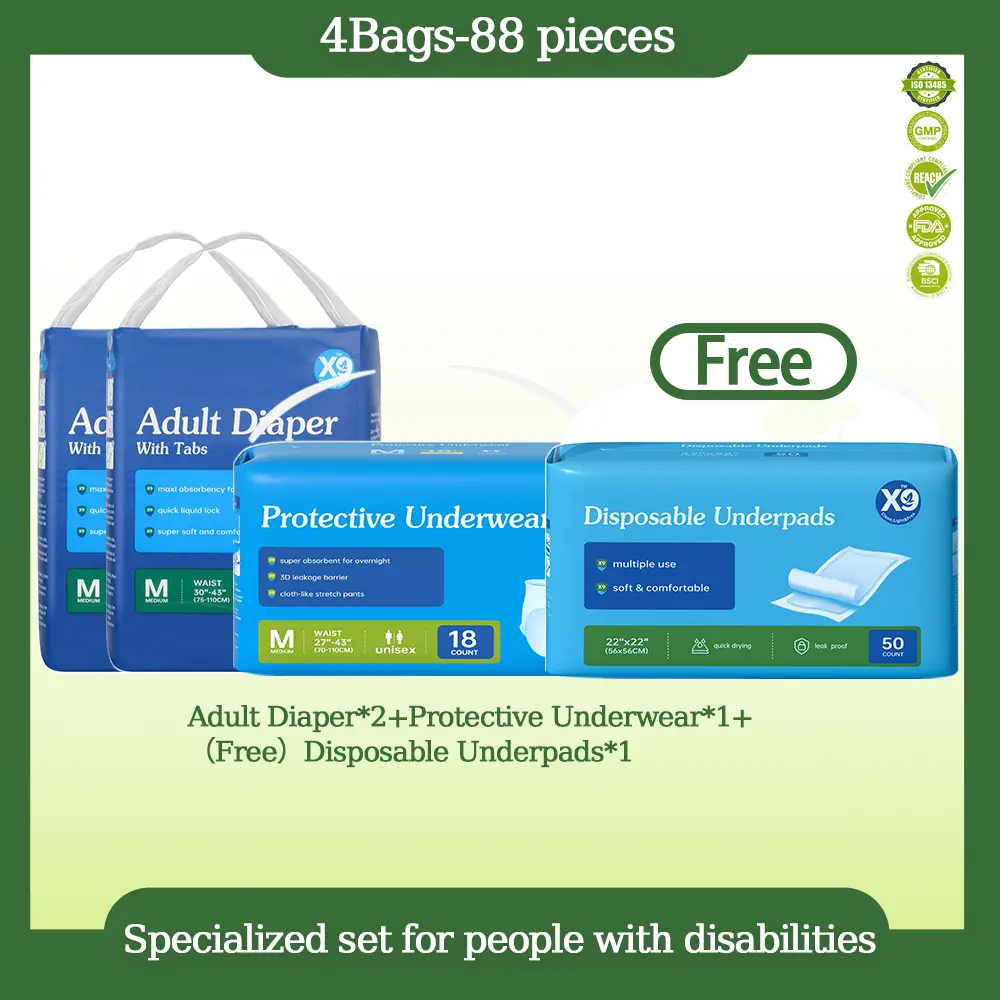 X9 Disabled-Care Special Package (3 Sizes) - Stretch Poly Adult Diapers, Training Pants & Disposable Absorbent Pads, Skin-Gentle, High Water Absorption, Fluorescent Agent-Free, Safety-Tested, Adult Disposable Pull-Up Diapers