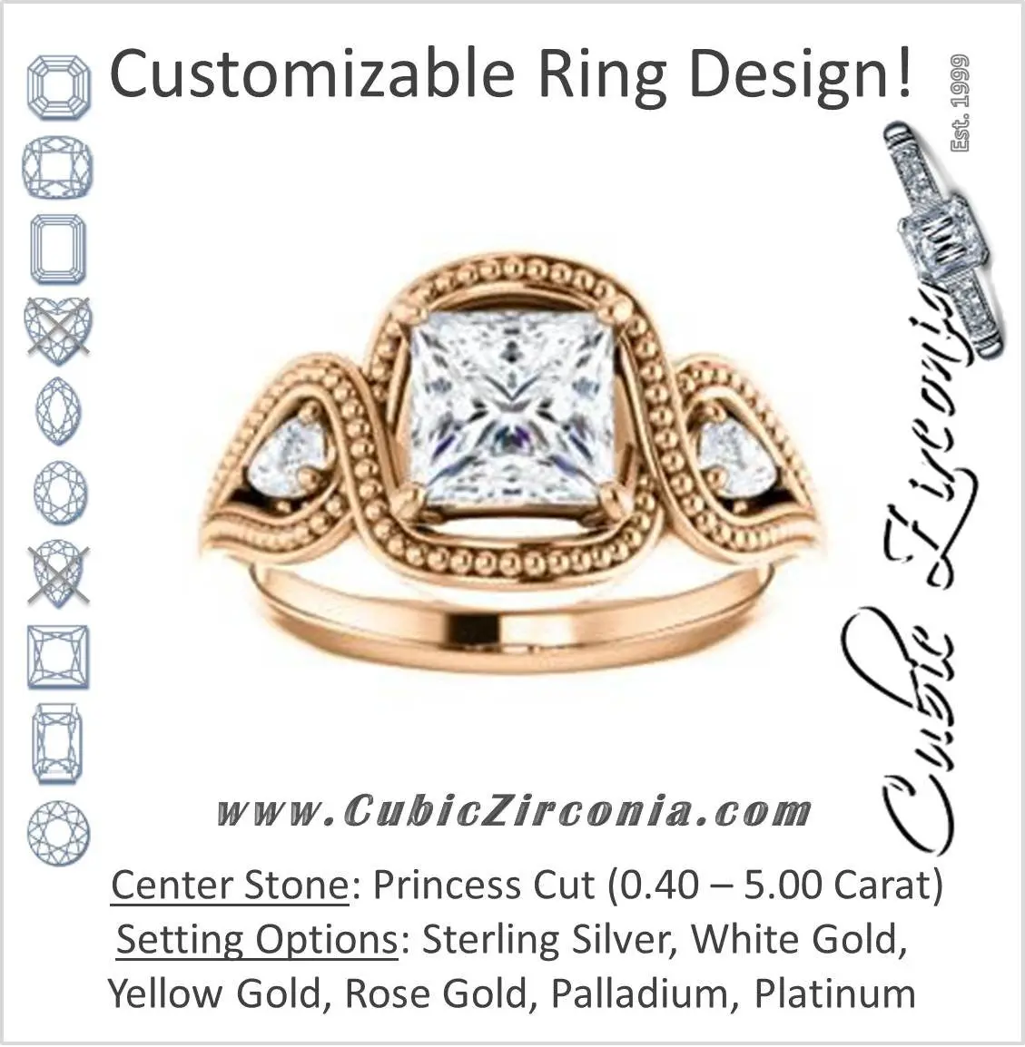 Cubic Zirconia Engagement Ring- The Nainika (Customizable 3-stone Princess Cut Design with Pear Accents and Filigreed Split Band)