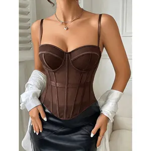 【UrbanFit Women】Women's Fashion Brown Mesh Panel Off-Shoulder Strapless Top, Sexy Backless Multi-Row Button Bodysuit, Fishbone Cup Corset Bustier, Adjustable Straps, Breathable Mesh Fabric, Built-in Bra, Curved Hem, Elastic Waistband for Waist Definition,