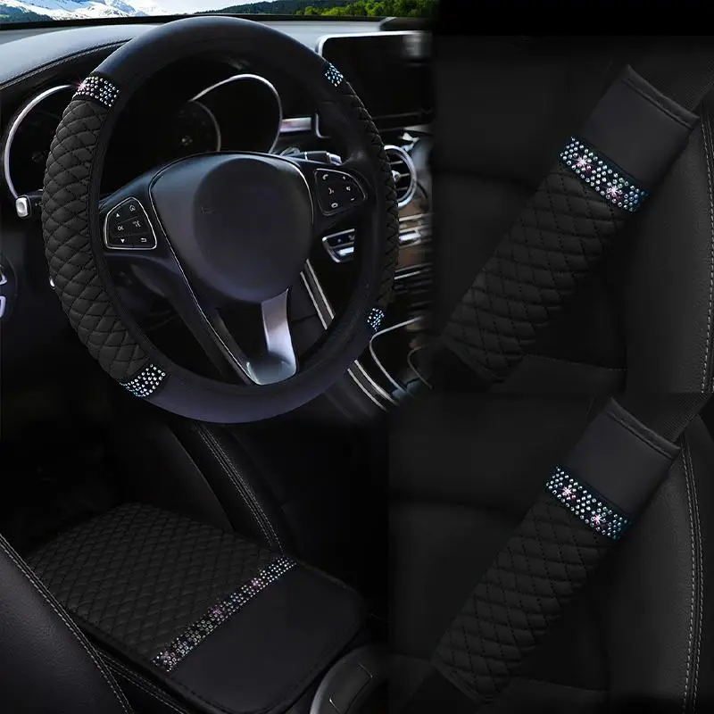 Car Interior Decorations, Including 1 Car Steering Wheel Cover & 2 Seat Belt Shoulder Pad & 1 Center Console Mat, Car Decorative Accessories for Women