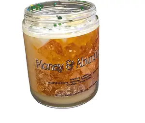 Money and Abundance Candle (6 oz, Affirmation, Gift, Genuine Crystals, Aromatic) Decor Set Decoration Freshener Ornaments