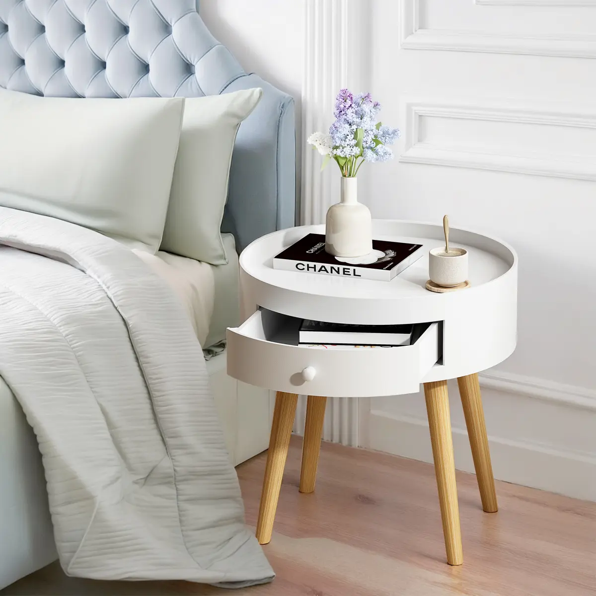 18" White Oak Legs Nightstand with Storage Drawer - Scratch-Resistant, Assembly-Required Indoor Side Table & Coffee Table for Bedroom, Living Room, Side Tables