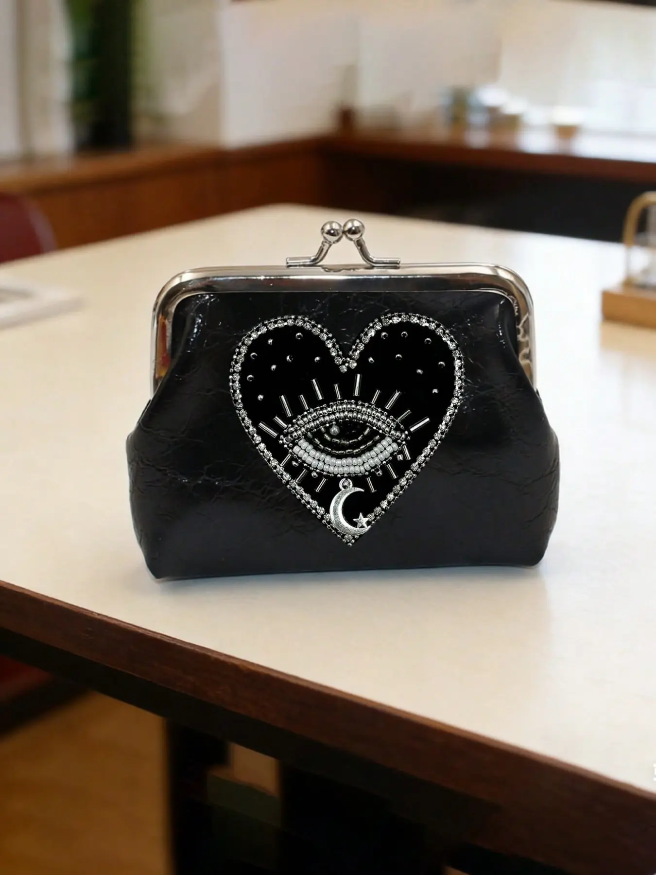 Gothic Eye Beaded PU Leather Short Wallet, Exquisite Wallet, Portable Women's Coin Purse, Fashionable Devil's Eye Design, Easy Open-Close, Casual Trendy Wallet