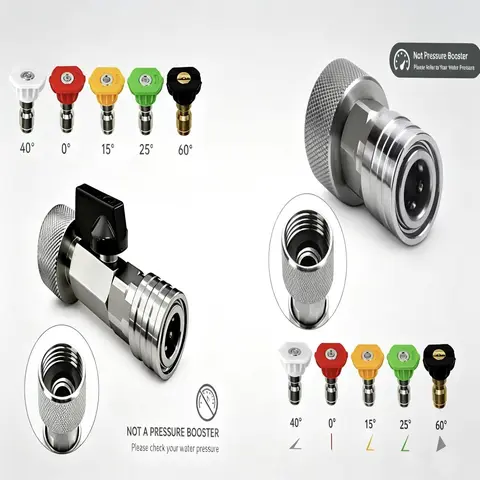 Durable Stainless Steel Garden Hose Shut-Off Valve Adapter Kit - Garden Hose Connectors, 3/4" GHT to 1/4 Inch Quick Connect, Fast Flow Control, Compatible with Most Pressure Washers, Outdoor Cleaning Tasks First Version Kit Spray Nozzle Tips Durable Garde