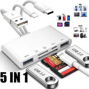 5 in 1 USB 3.0 Memory Card Reader OTG Adapter, Compatible with iPhone iPad Android, SD/TF Card Slot, Fast File Transfer, Support Phone Charging While Reading Data