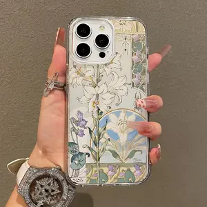 Aesthetic Smartphone Magnetic Case, Cellphone Handheld Accessories for iPhone 11/12/13/14/15/16/17 Pro, Pro Max, Air, Plus, Art Nouveau Lily Design, Ultra Slim, Shockproof, Playful Fun Style