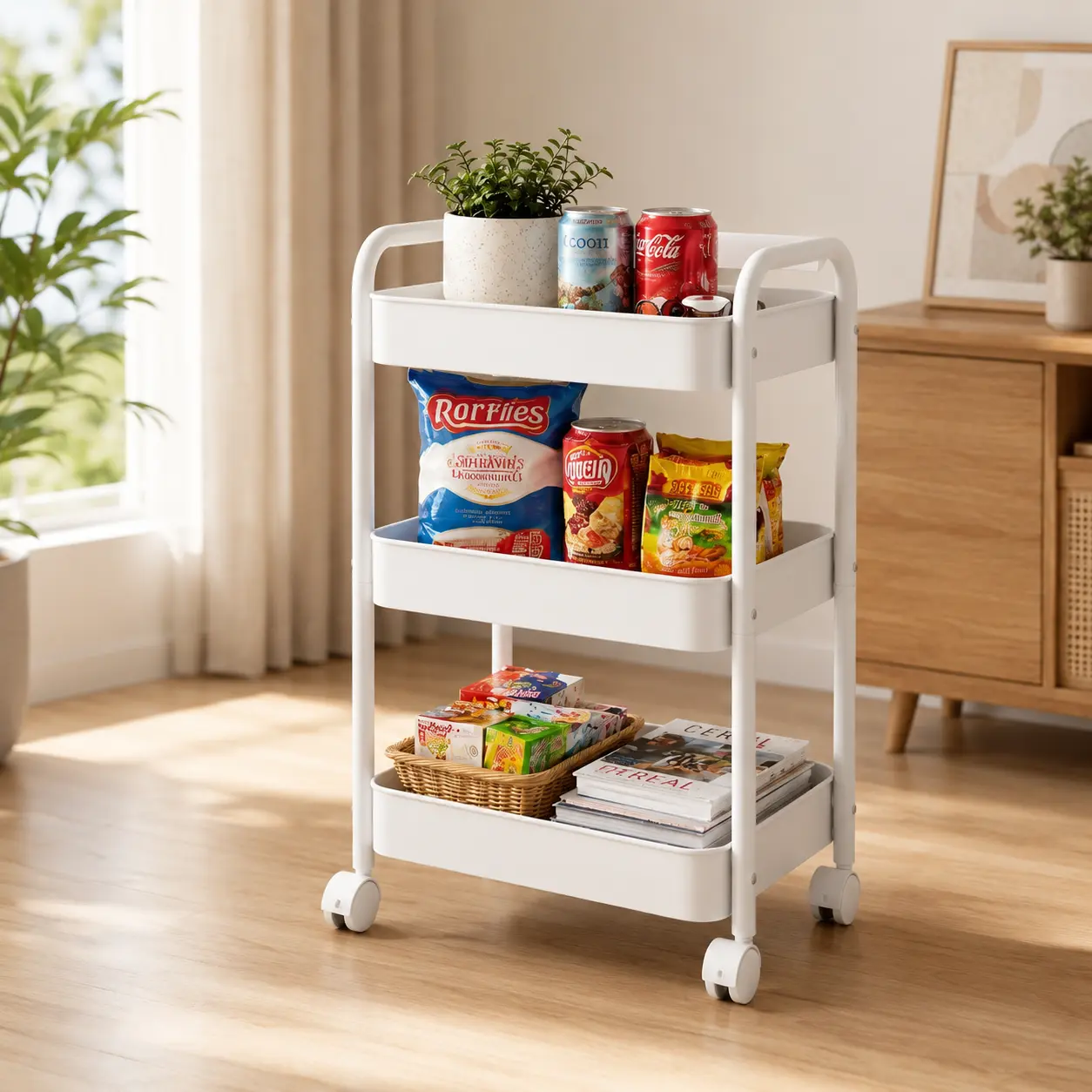 3-Tier Durable Metal Utility Rolling Heavy Duty Carbon Steel Cart, Multi-Functional Storage Trolley for Office, Living Room,Kitchen Storage Cart With Handle, Movable Storage Organizer Cart With Caster/Lockable Wheels And Double Armrest,easy assembly