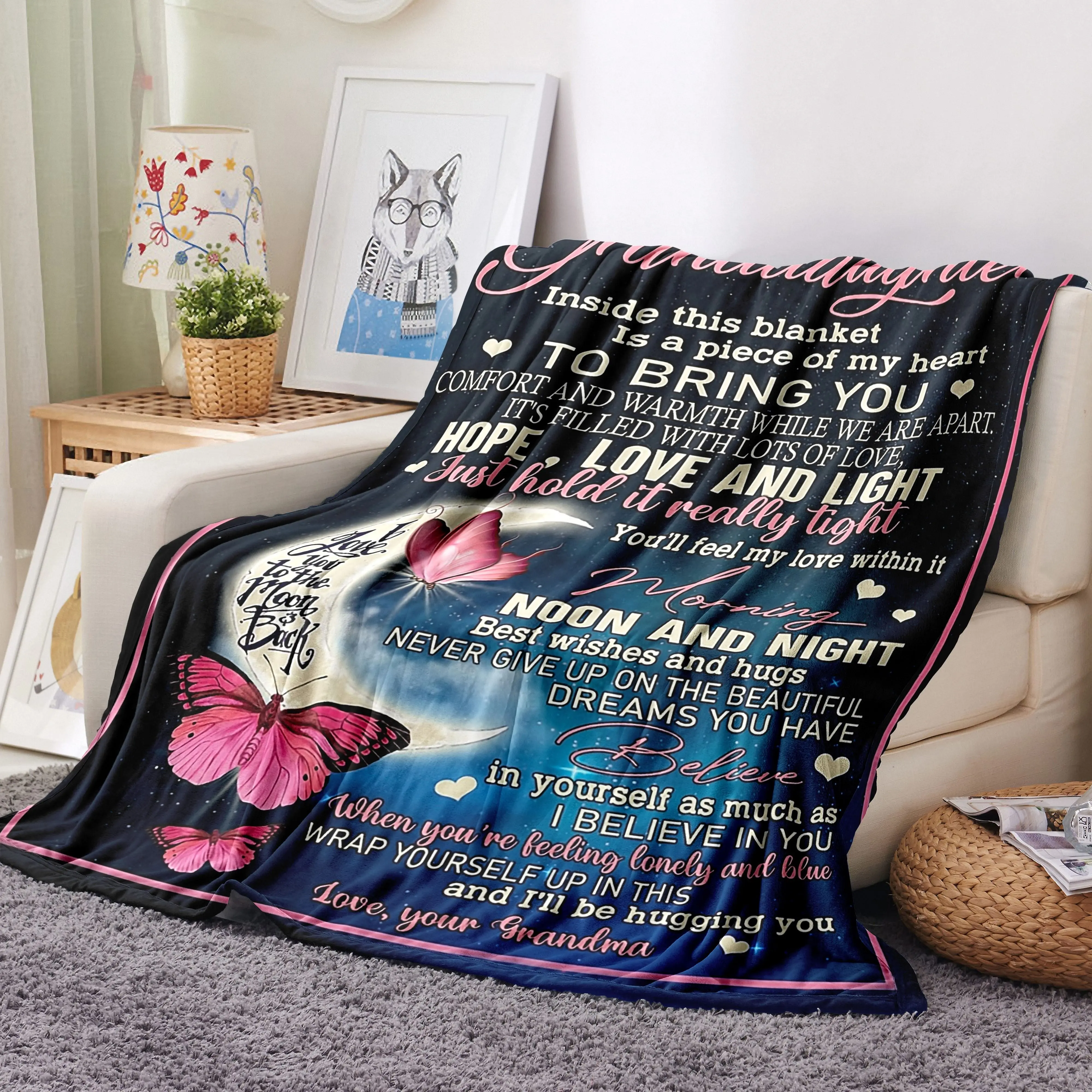 1pc 280GSM Warm Cozy Flannel Throw Blanket - Allover Butterfly Moon Cute Printed Design - Perfect Grandma-to-Granddaughter Gift - Ideal for Couch, Camping, Allover Print Blankets, Butterfly Blankets
