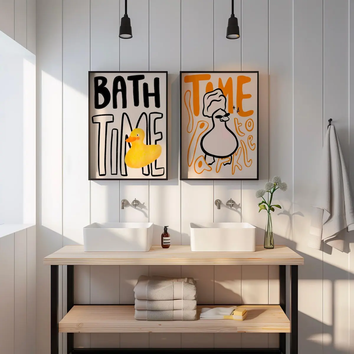 Bath Time Rubber Duck & Time to Sparkle Prints – Playful Bathroom Wall Art Set of 2 – Unframed, 5 size, 8x12 to 27x40 inch