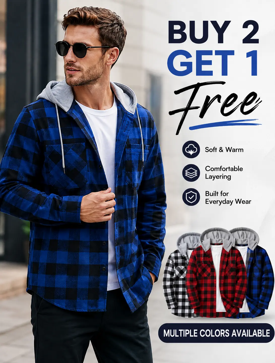ZITY「Buy 2, Get 1 Free 」 Men’s Hooded Plaid Flannel Shirt Jacket, Long Sleeve Button Down Casual Layering Shirt