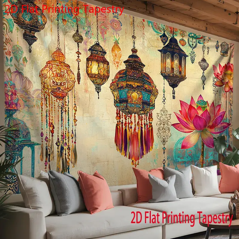 1pc 2D Flat Bohemian Moroccan Wall Tapestry - Horizontal Moroccan Lantern & for Lotus Suitable for, Living Room, Bedroom, Yoga Studio - Decorations with Moroccan Patterns, Creative Gift for Housewarming, Parties, 2D Flat