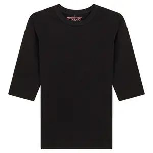 Ribbed 3/4 Sleeves T-Shirt - Cotton, Black, Casual Style, Long Sleeves, Plain Design