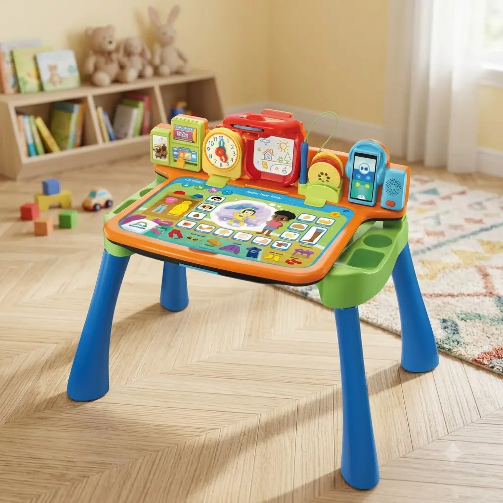 VTech Get Ready for School Learning Desk, 5-in-1 Interactive Preschool Activity Desk with Projector, Writing Pad, Chalkboard & Stool, Ages 2+